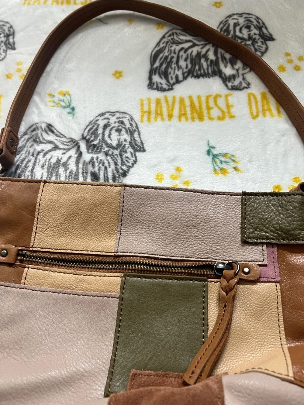 The Sak Patchwork Leather Shoulder Bag in Tan, Blush, Olive, Cream, Brown